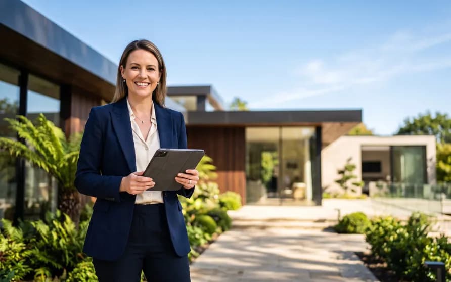A property agent with a tablet outside a home