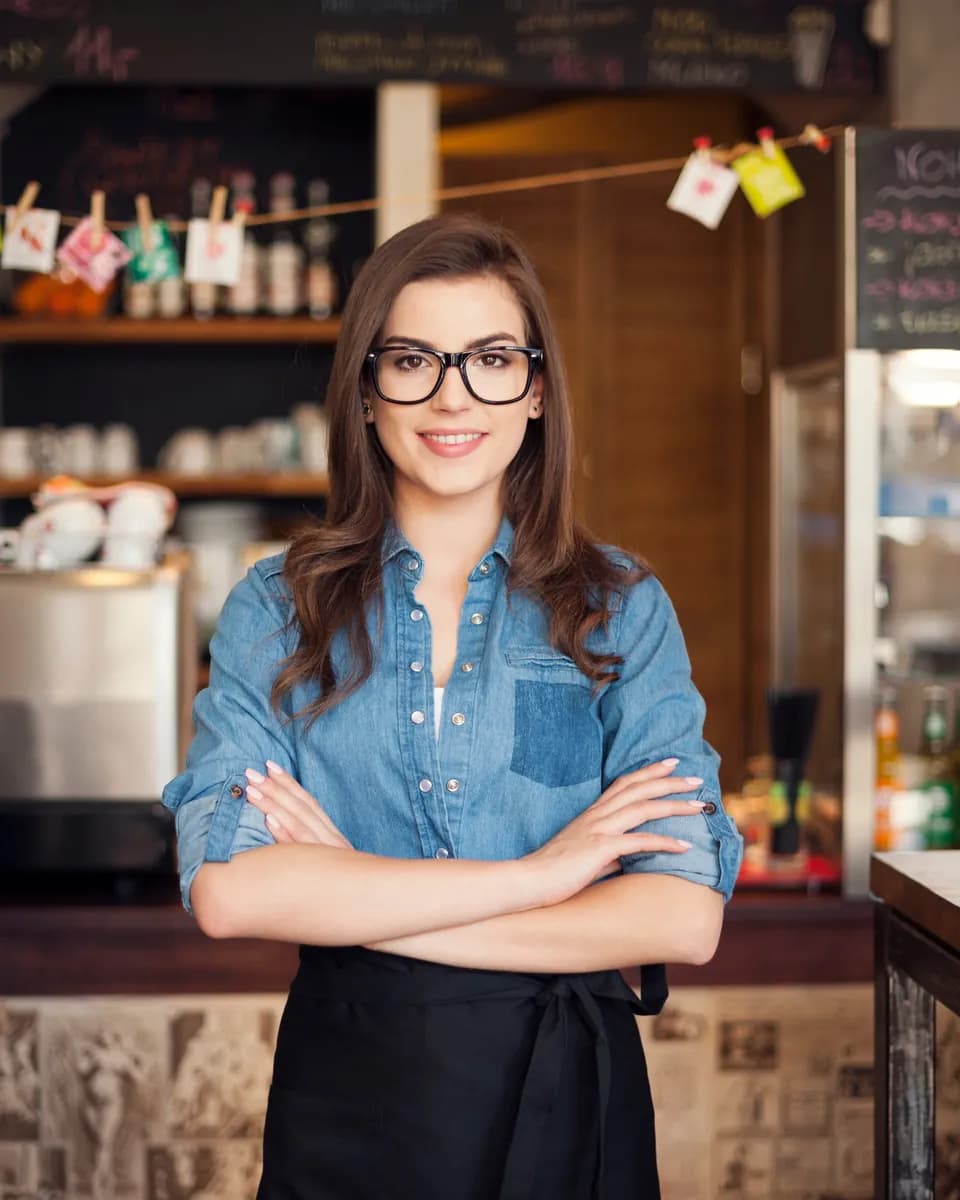 A smiling café owner standing behind her counter