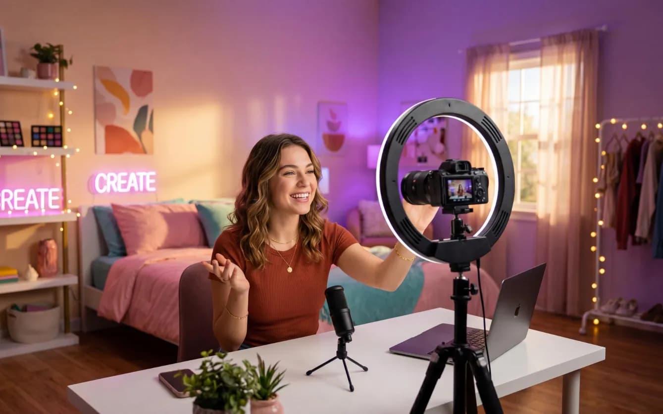 A creator filming with a ring light in her room
