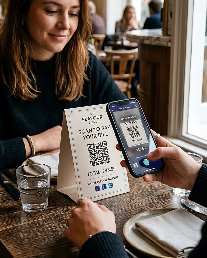 A diner scanning a pay-at-table QR card with her phone