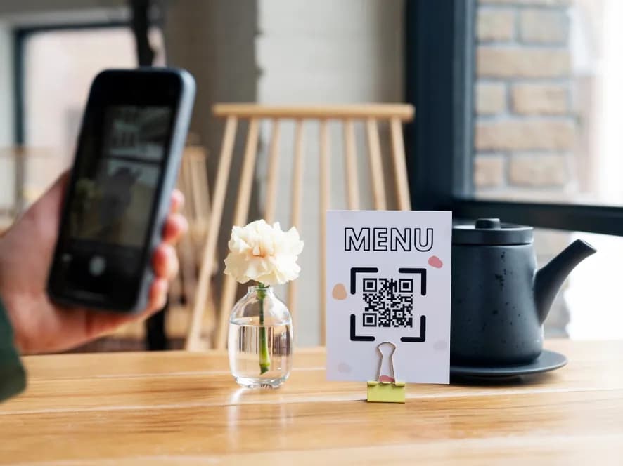 A phone scanning a QR menu table tent on a café table