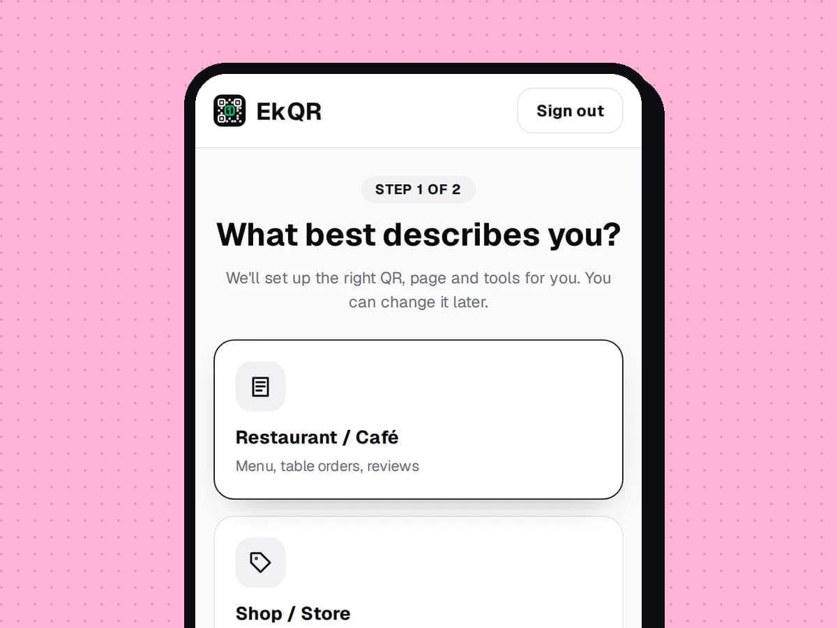 EkQR onboarding: picking your kind of business